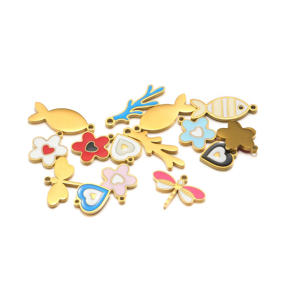 TIK TOK Hotsale 18k Gold Plated Stainless Steel Enamel Flower Fish Bowknot Heart Dragonfly Charm Pendant for DIY Jewelry Making