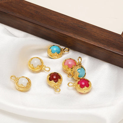 French Retro Stainless Steel 18k Gold Plated Round Gemstone Charm Pendant for Diy Jewelry Making Wholesale Jewelry Supplies