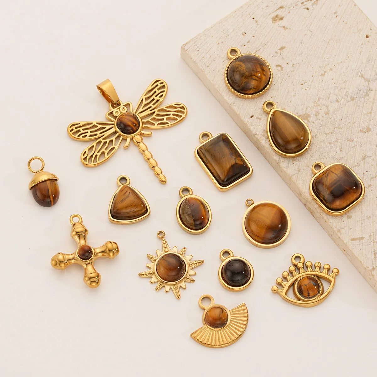 Vintage Handmade DIY Stainless Steel Gold Plated Tiger Eye Stone Charm Pendant for Necklace Jewelry Making