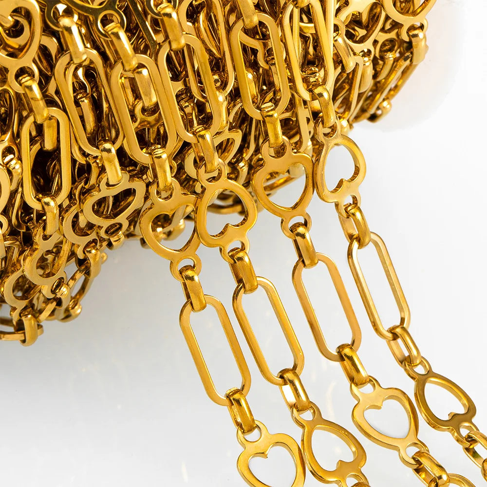E258 Non Tarnish Gold Silver Chain Waterproof Stainless Steel Chains Paper Clip Heart Chains for Jewelry Custom Diy