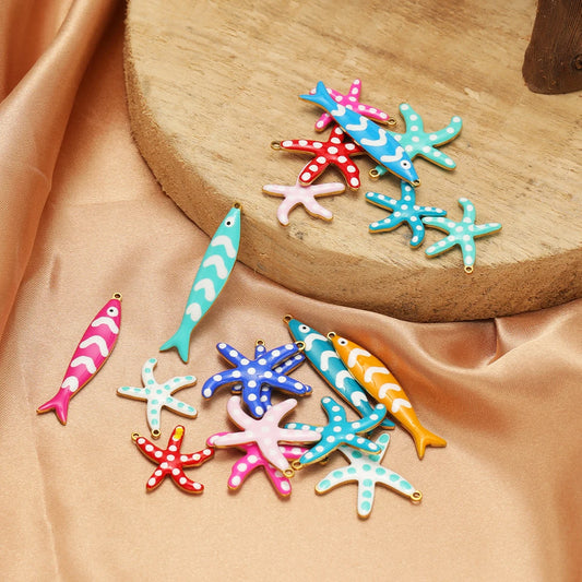 Wholesale Enamel Charms 18k Gold Plated Stainless Steel Enamel Starfish Fish Charm Pendant for DIY Necklace Jewelry Making