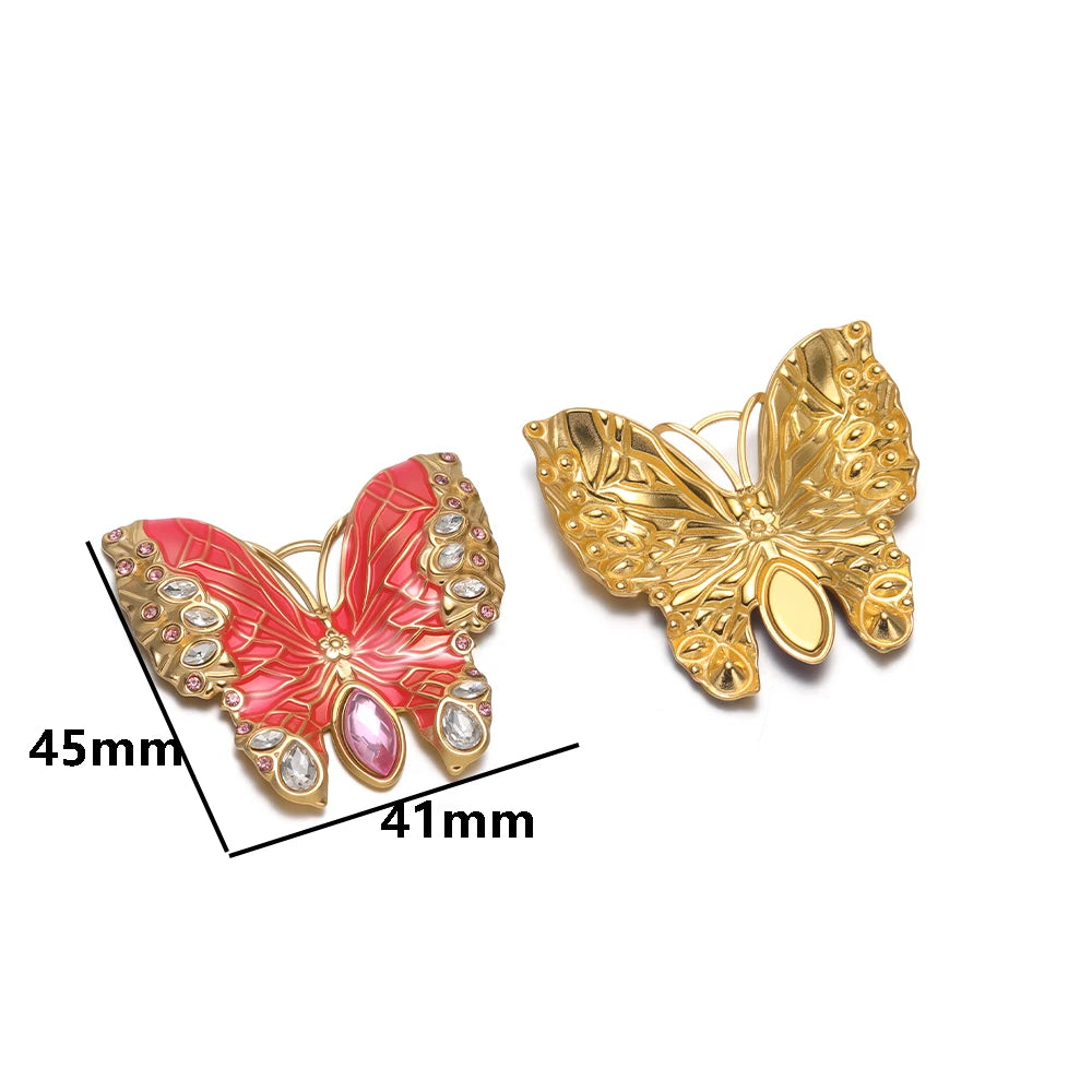 Retro Exquisite 18k Gold Plated Stainless Steel Enamel Butterfly Zircon Charm Pendant for DIY Necklace Jewelry Making