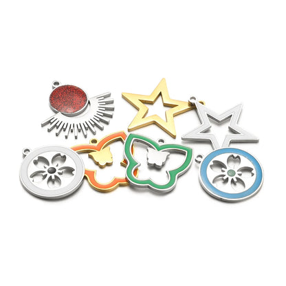French Vintage Stainless Steel Gold Plated Dripping Oil Hollow Sun Star Butterfly Flower Charm Pendant for Jewelry Making