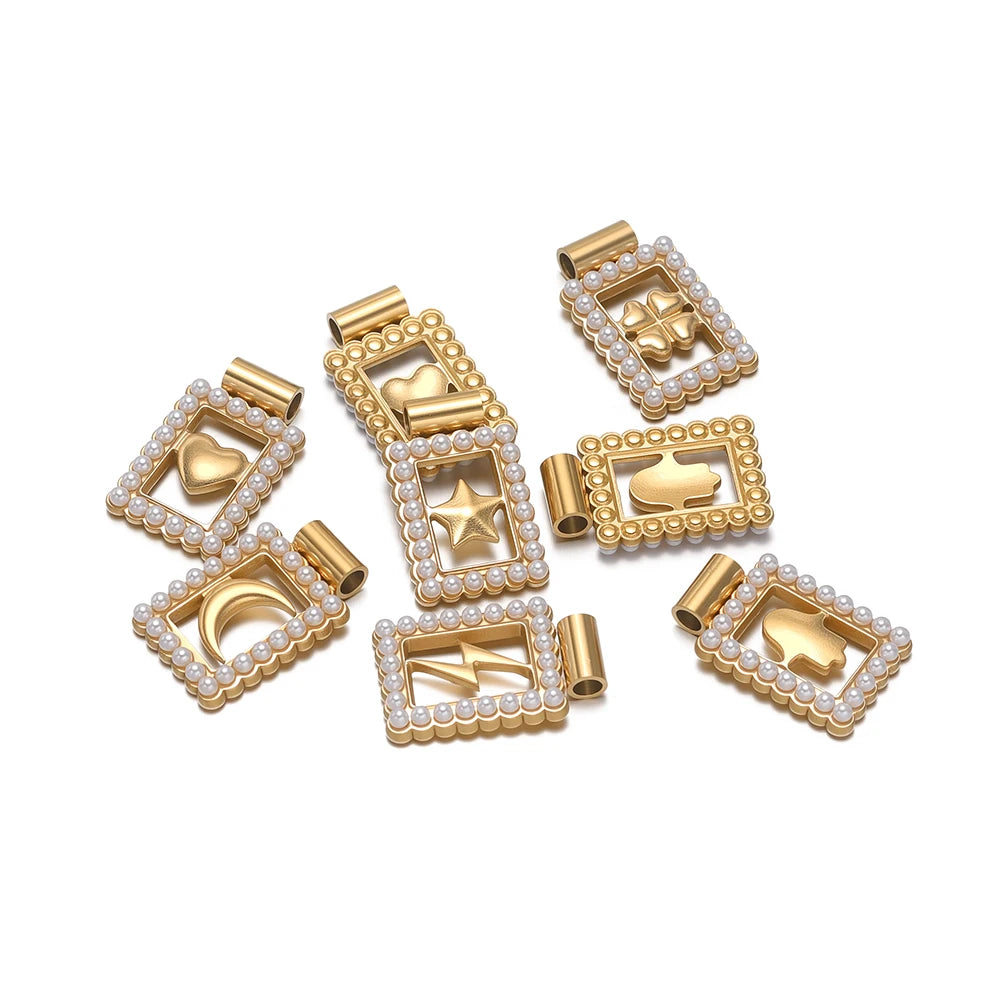 18k Gold Plated Stainless Steel Hollow Rectangular Pearl Four-leaf Clover Star Moon Charm Pendant for Necklace Jewelry Making