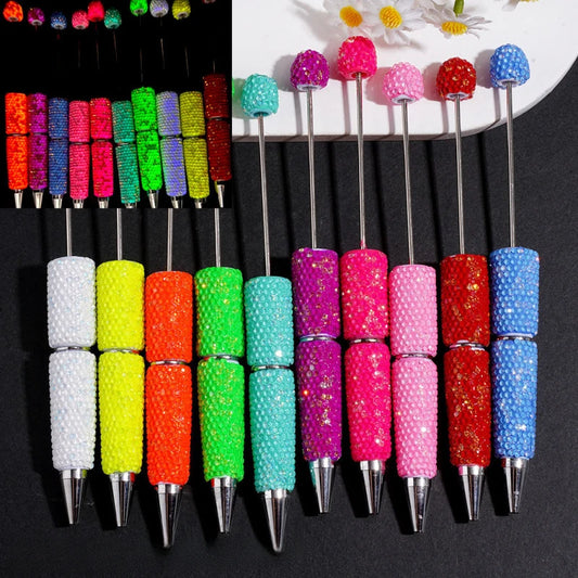 Luminous Fluorescent Beadable Clay Pens Full Covered Rhinestone Ballpoint Pens for Beadable Pen Keychain DIY Bulk Craft Supplies
