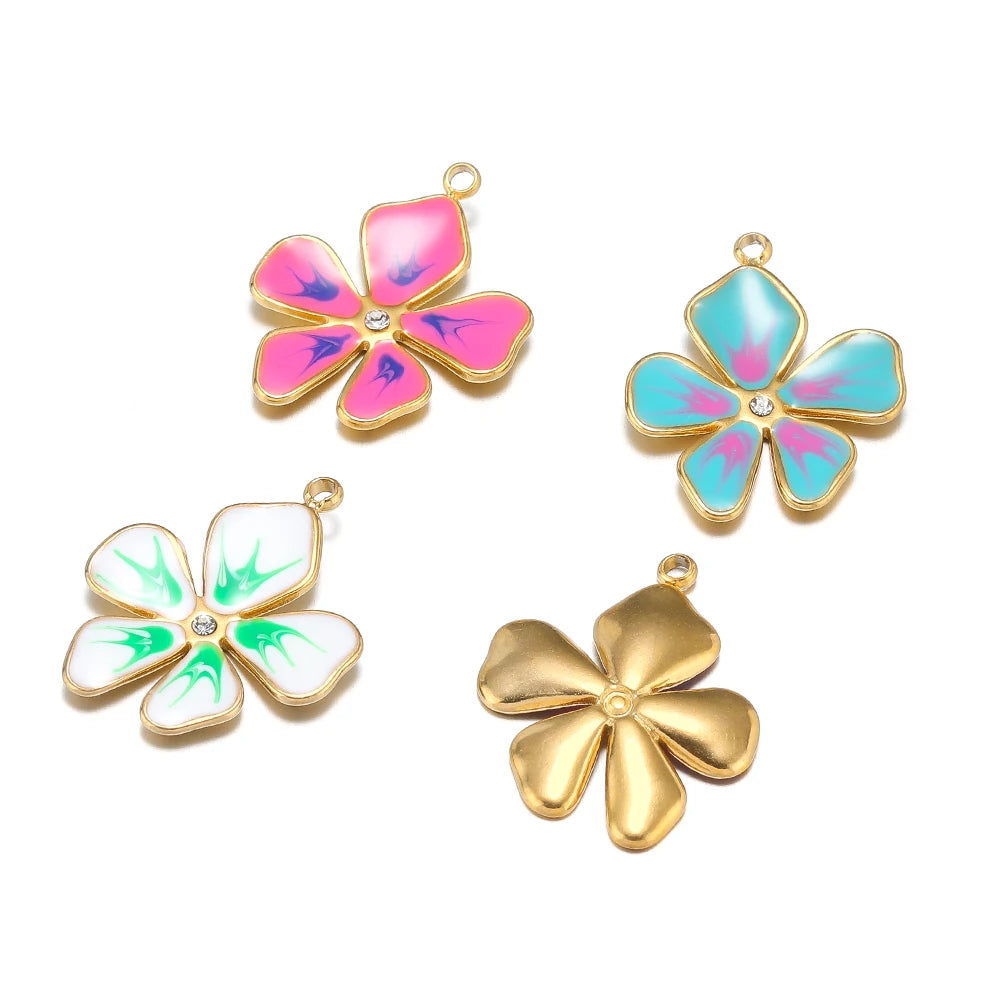 Wholesale Stainless Steel 18k Gold Plated Enamel Colored Flower Charms Pendant for DIY Women Necklace Making