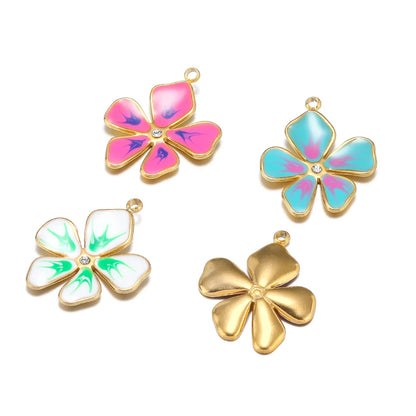 Wholesale Stainless Steel 18k Gold Plated Enamel Colored Flower Charms Pendant for DIY Women Necklace Making