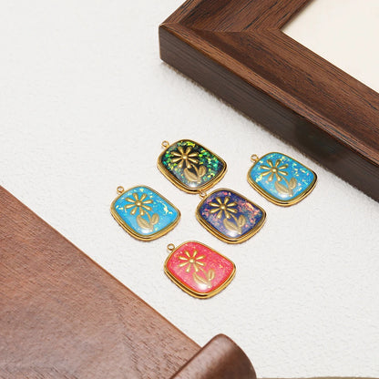 Fashion 18k Gold Plated Stainless Steel Square Enamel Flower Charm Pendant for DIY Necklace & Earring Making Accessories