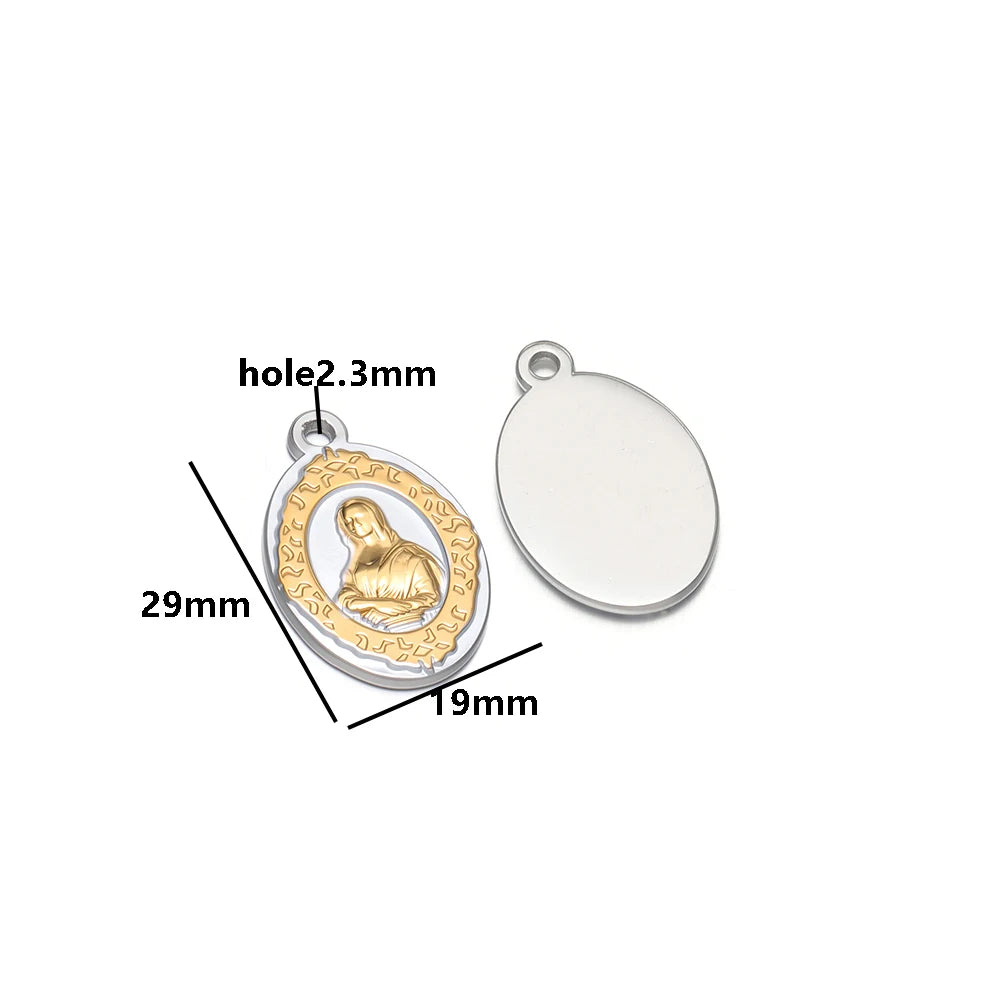 Vintage Stainless Steel 18k Gold Plated Religious Virgin Mary Figure Oval Charms Pendant for DIY Jewelry Necklace Making