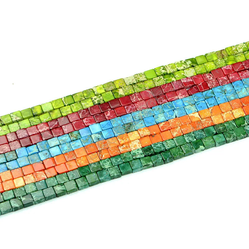 Natural Sea Sediment Jasper Loose Beads, Flat Square Brick Blue Turquoise Red Imperial jasper Stone Bead for Jewelry Making 6mm