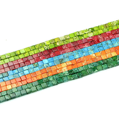 Natural Sea Sediment Jasper Loose Beads, Flat Square Brick Blue Turquoise Red Imperial jasper Stone Bead for Jewelry Making 6mm