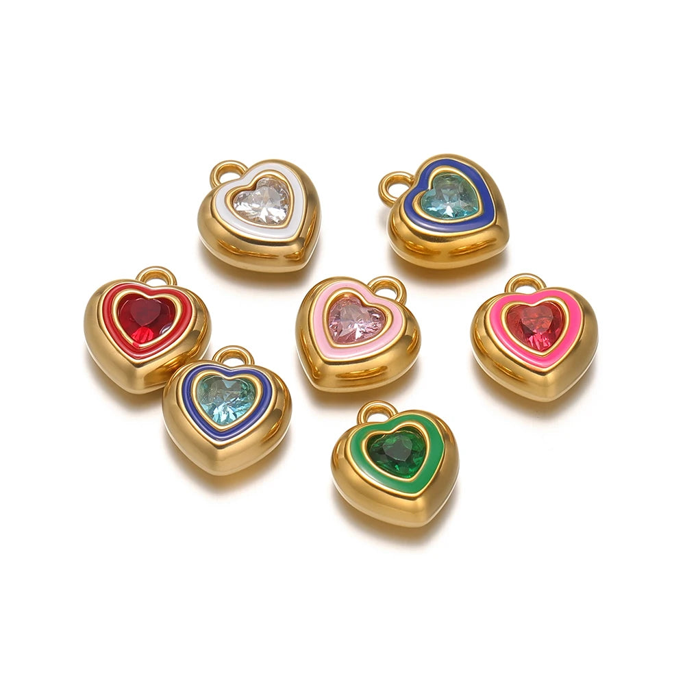 New Design Luxury Stainless Steel 18k Gold Plated Enamel Sweet Heart Zircon Charms Pendant for Diy Jewelry Necklace Making