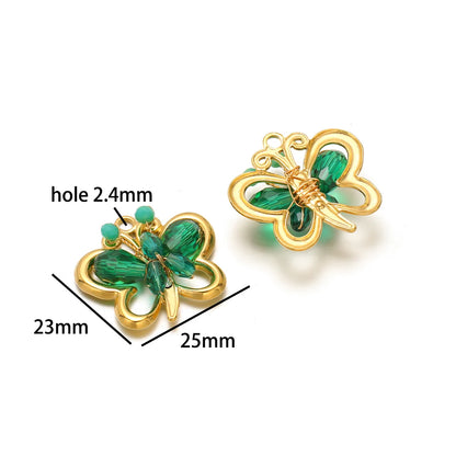 Trend Creative 18k Gold Plated Stainless Steel Flower Butterfly Heart Crystal Glass Bead Charm Pendant for  DIY Jewelry Making