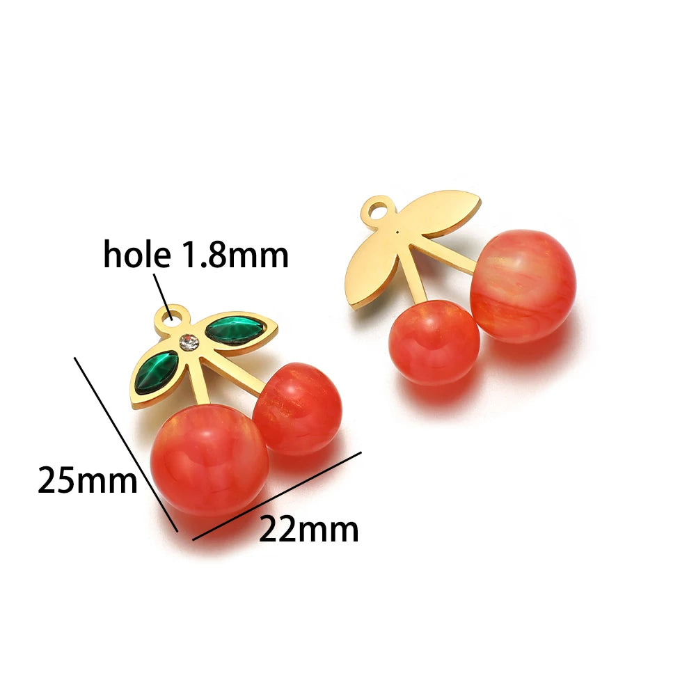 Lovely Fruit Charms 18k Gold Plated Stainless Steel Enamel Cherry Strawberry Zircon Charm Pendant for DIY Jewelry Making