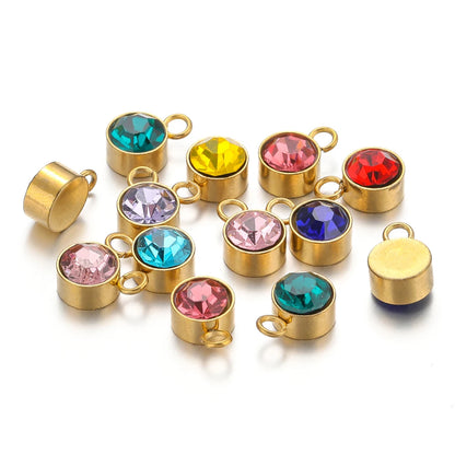 Wholesale 304 Stainless Steel 18k Gold Plated Birthstone Pendant 6mm Colorful Zircon for DIY Jewelry Necklace Making Accessories