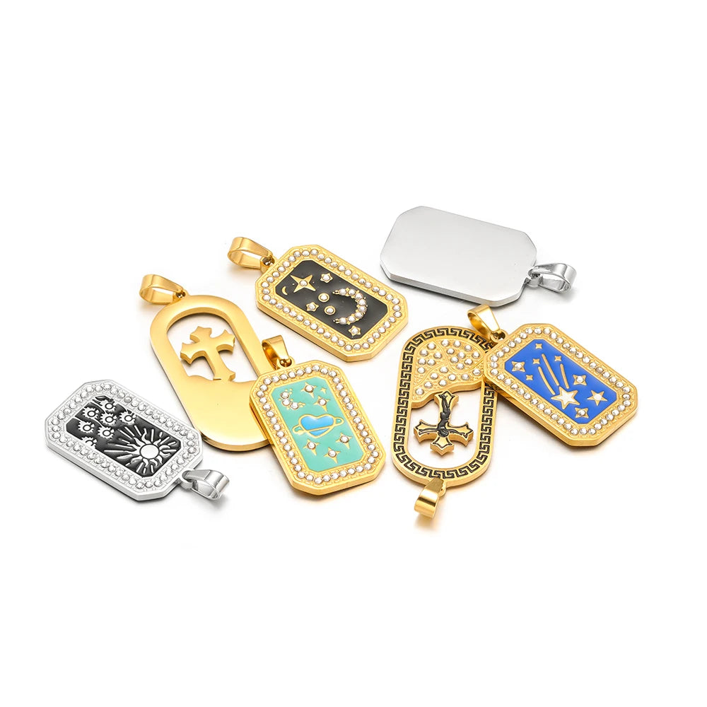Unisex Stainless Steel Gold Plated Zircon Enamel Square Cross Charm Pendant for DIY Jewelry Making Wholesale