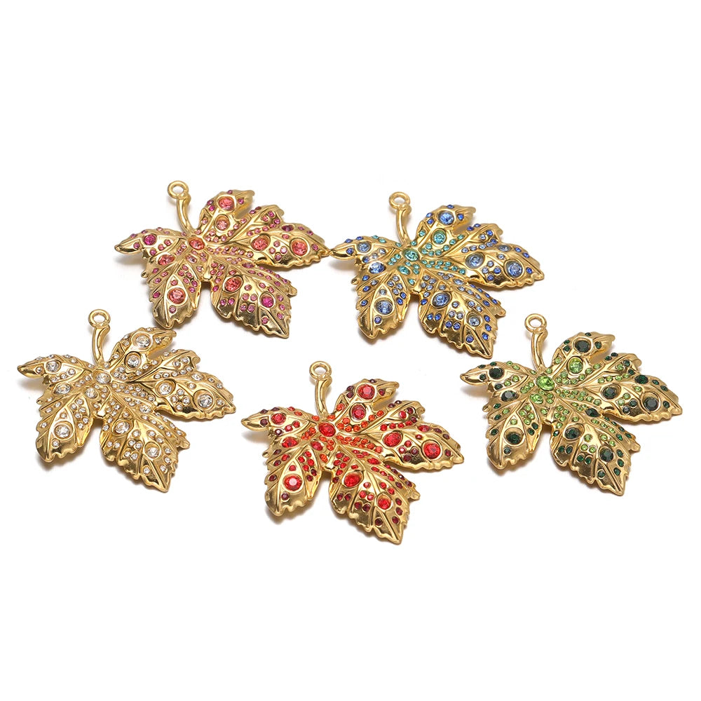 New Luxury Pendant Stainless Steel Gold Plated Maple Leaves Zircon Charm Pendant for Jewelry Making Accessories