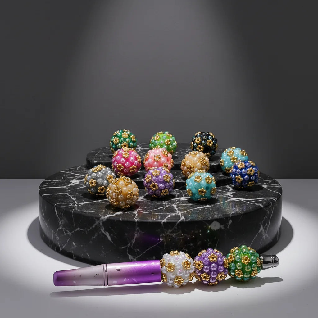 Plastic Coated Beads with Gold Alloy Flower Balls and Half Shell Pearls for DIY Round Beaded Pen Jewelry