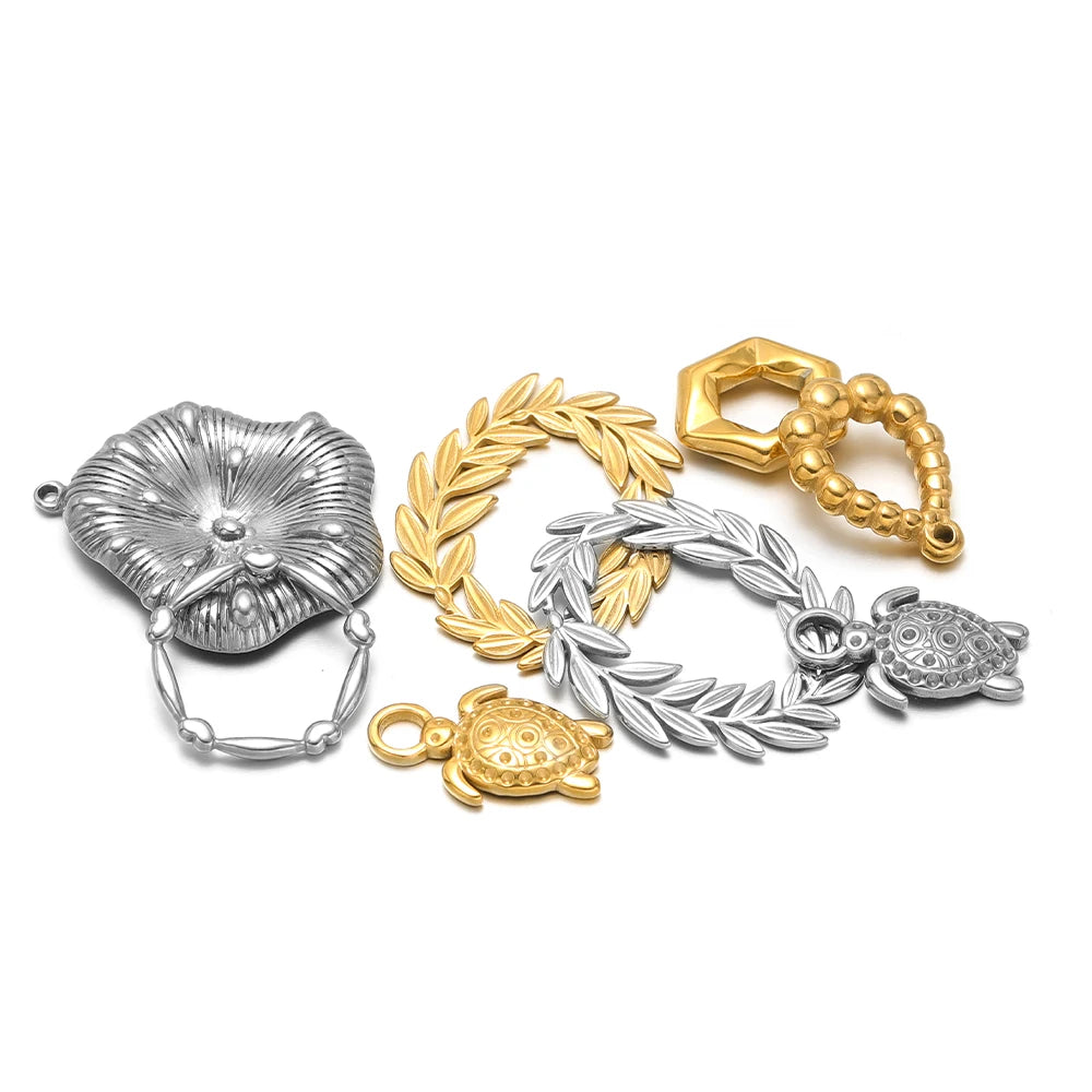 18k Gold Plated Stainless Steel Embossed Heart Water Drop Round Leaf Charm Pendant for DIY Jewelry Making Jewelry Findings