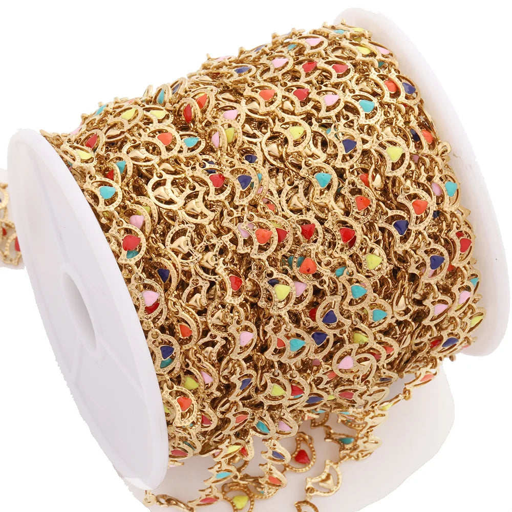 D088 Wholesale 18k Gold Stainless Steel Roller Chain Moon Connector Link Chain Heart Enamel Chain Jewelry