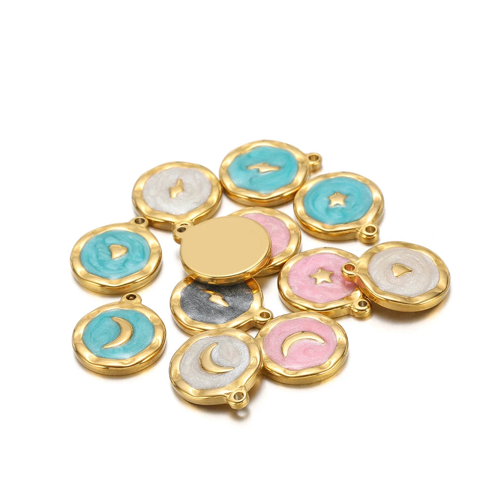 High Polish 304 Stainless Steel 18k Gold Plated Enamel Star Moon Heart Lightning Charm Pendant for Jewelry Necklace Making