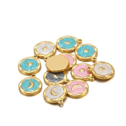 High Polish 304 Stainless Steel 18k Gold Plated Enamel Star Moon Heart Lightning Charm Pendant for Jewelry Necklace Making