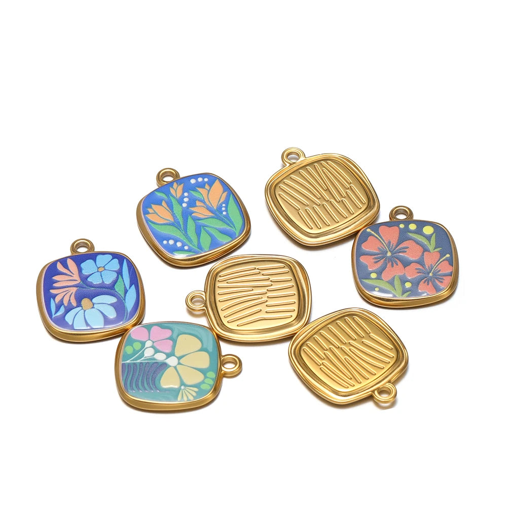 Trendy Stainless Steel 18k Gold Plated Enamel square Flower Charm Pendant for Diy Jewelry Making Wholesale