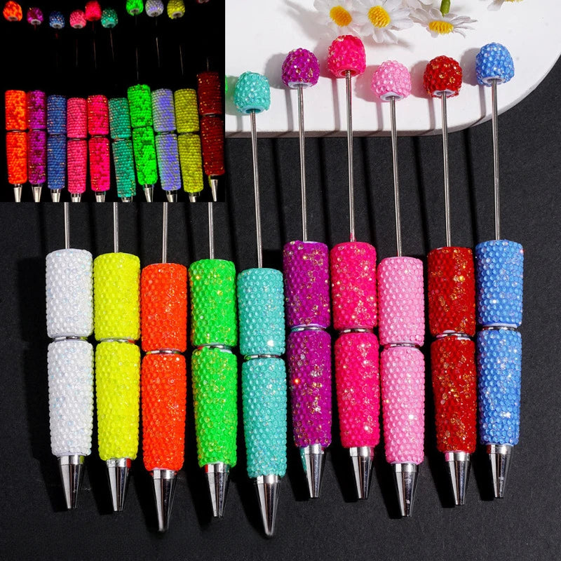 Luminous Fluorescent Beadable Clay Pens Full Covered Rhinestone Ballpoint Pens for Beadable Pen Keychain DIY Bulk Craft Supplies