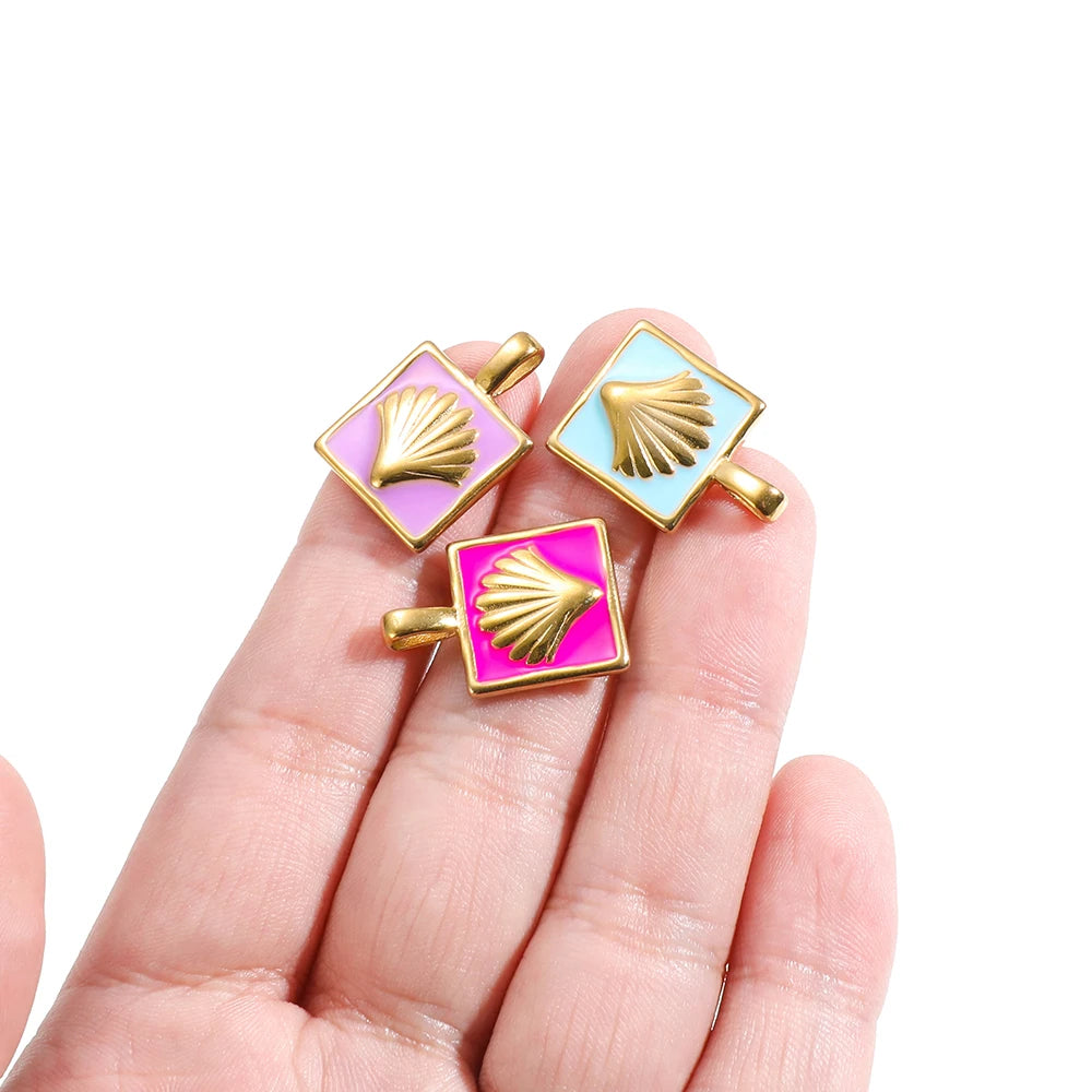Newest Stainless Steel 18k Gold Plated Enamel Colorful Square Charm Pendant  for Jewelry Necklace Making Accessories