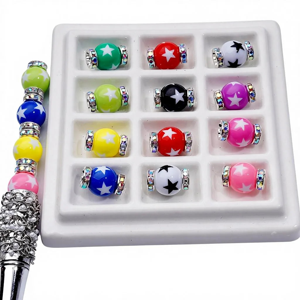Colorful Star Print Resin Acrylic Beads 16mm with Silver Spacer for Jewelry Making and Crafting