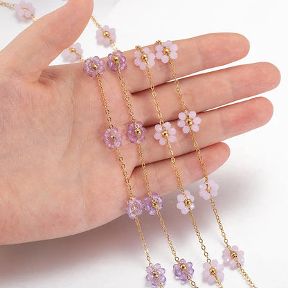 A1855 Non Tarnish 18k Gold Plated Stainless Steel Chain Crystal Flower Beads Chain Jewelry Making Diy