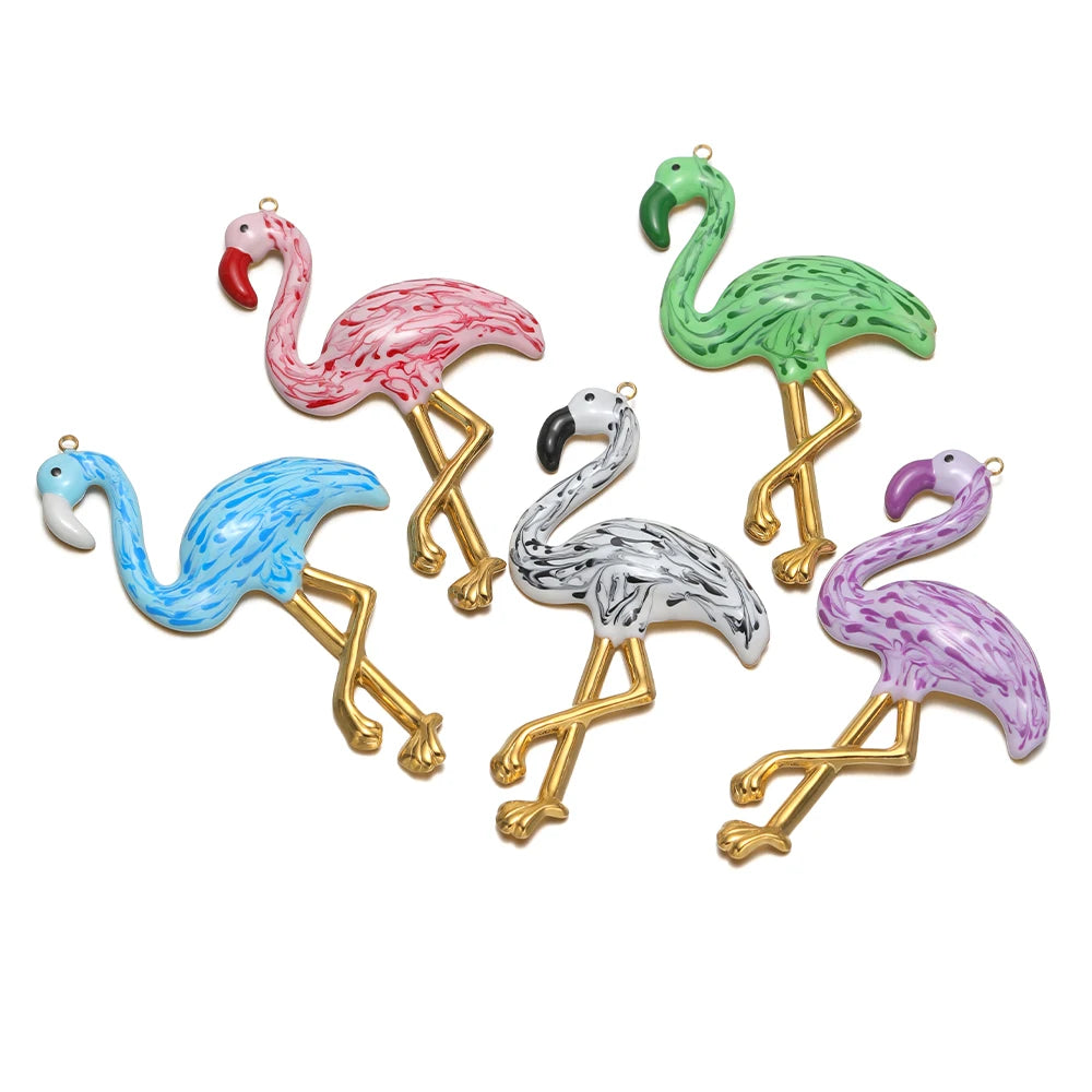 New Style Bird Pendant Stainless Steel 18k Gold Plated Oil Drop Flamingo Charm Pendant for Jewelry Necklace Making