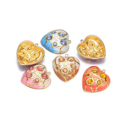 Wholesale Gold Tone Heart Charms with Rhinestones Enamel Pendants for DIY Jewelry Making Vintage Love Necklace Supplies