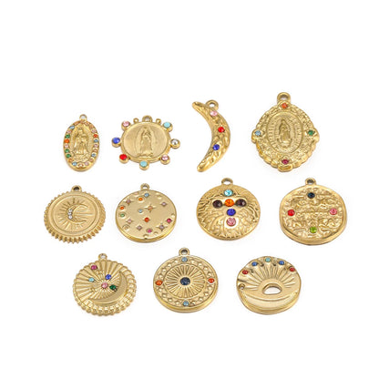 DIY Colorful Zircon Stainless Steel Gold Plated Charm Round Moon Zircon Charm Pendants for DIY Jewelry Necklace Making