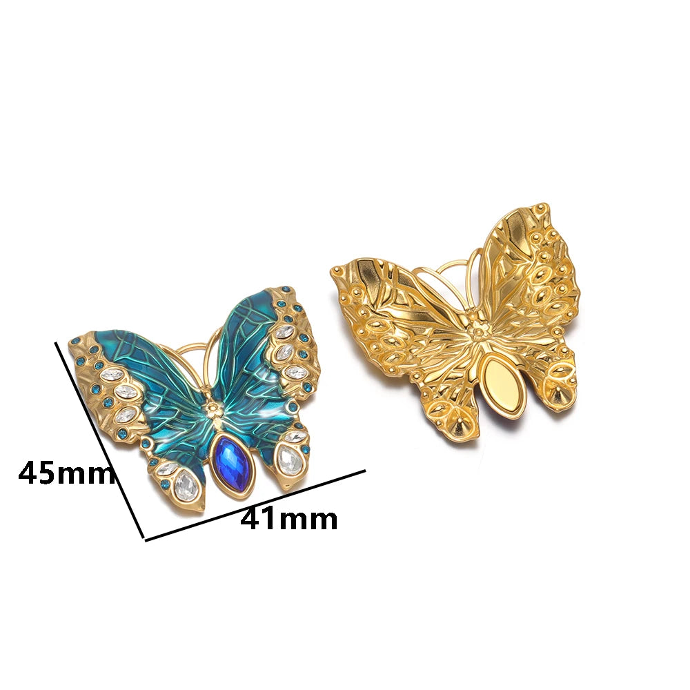 Retro Exquisite 18k Gold Plated Stainless Steel Enamel Butterfly Zircon Charm Pendant for DIY Necklace Jewelry Making