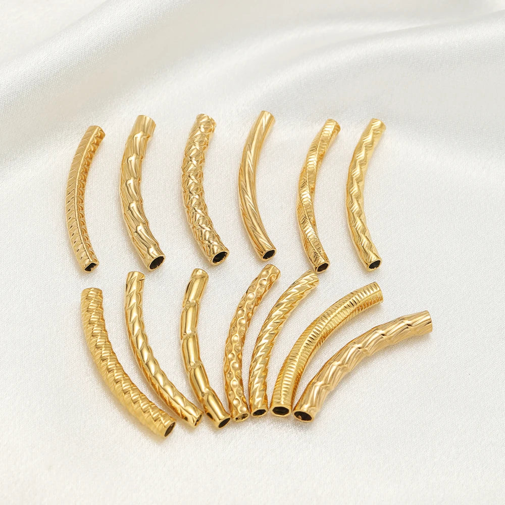 Gold Plated Stainless Steel Multi Patterns Embossed Curved Tube Bend Charm Pendant for DIY Jewelry Making Accessories