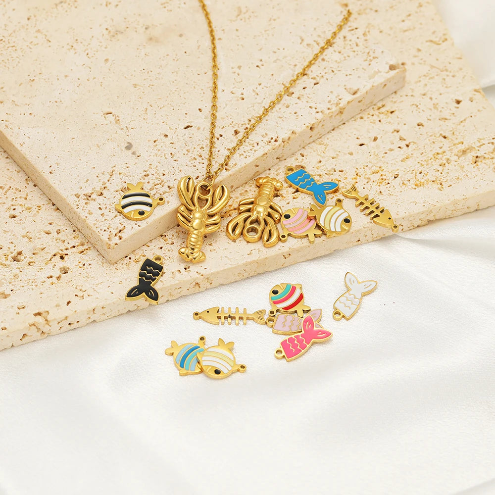 Fashion 18k Gold Plated Stainless Steel Enamel Fish Lobster Charm Pendant for DIY Jewelry Making Jewelry Findings