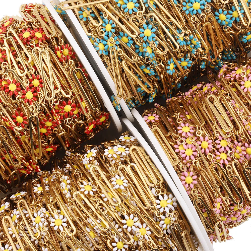 B1587 Paper Clip Daisy Enamel Chain Ins Stainless Steel Chain Jewelry Chain for Necklace Diy