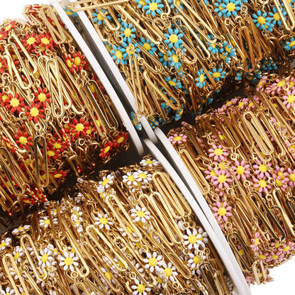 B1587 Paper Clip Daisy Enamel Chain Ins Stainless Steel Chain Jewelry Chain for Necklace Diy
