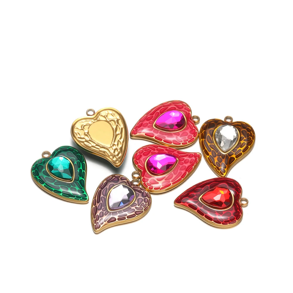 New Fashion Stainless Steel 18k Gold Plated Enamel Heart Zircon Charm Pendant for Diy Jewelry Making Wholesale