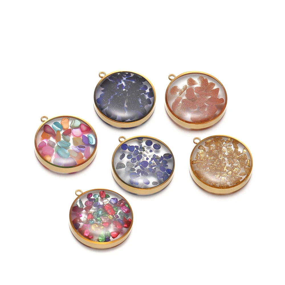 Stainless Steel 18k Gold Plated Oil Drop Round Transparent Mirror Painting Crystal Charm Pendant for Jewelry Necklace Making