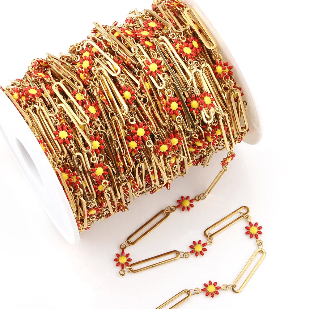 B1587 Paper Clip Daisy Enamel Chain Ins Stainless Steel Chain Jewelry Chain for Necklace Diy
