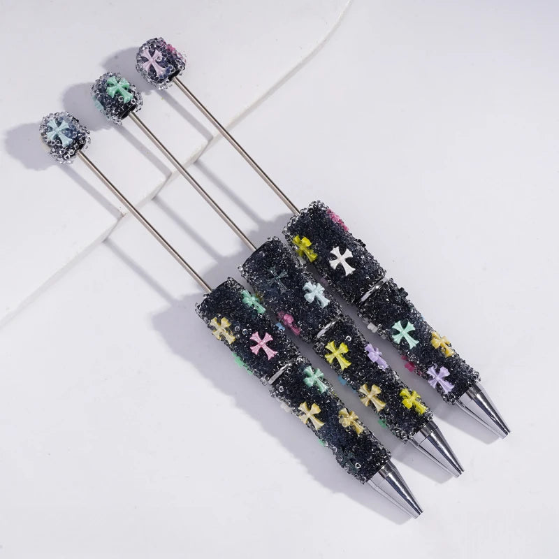 Sugar Beadable Pens with Shiny Cross Clear Rhinestones Full Cover Ballpoint Pens for DIY Beaded Pen Making