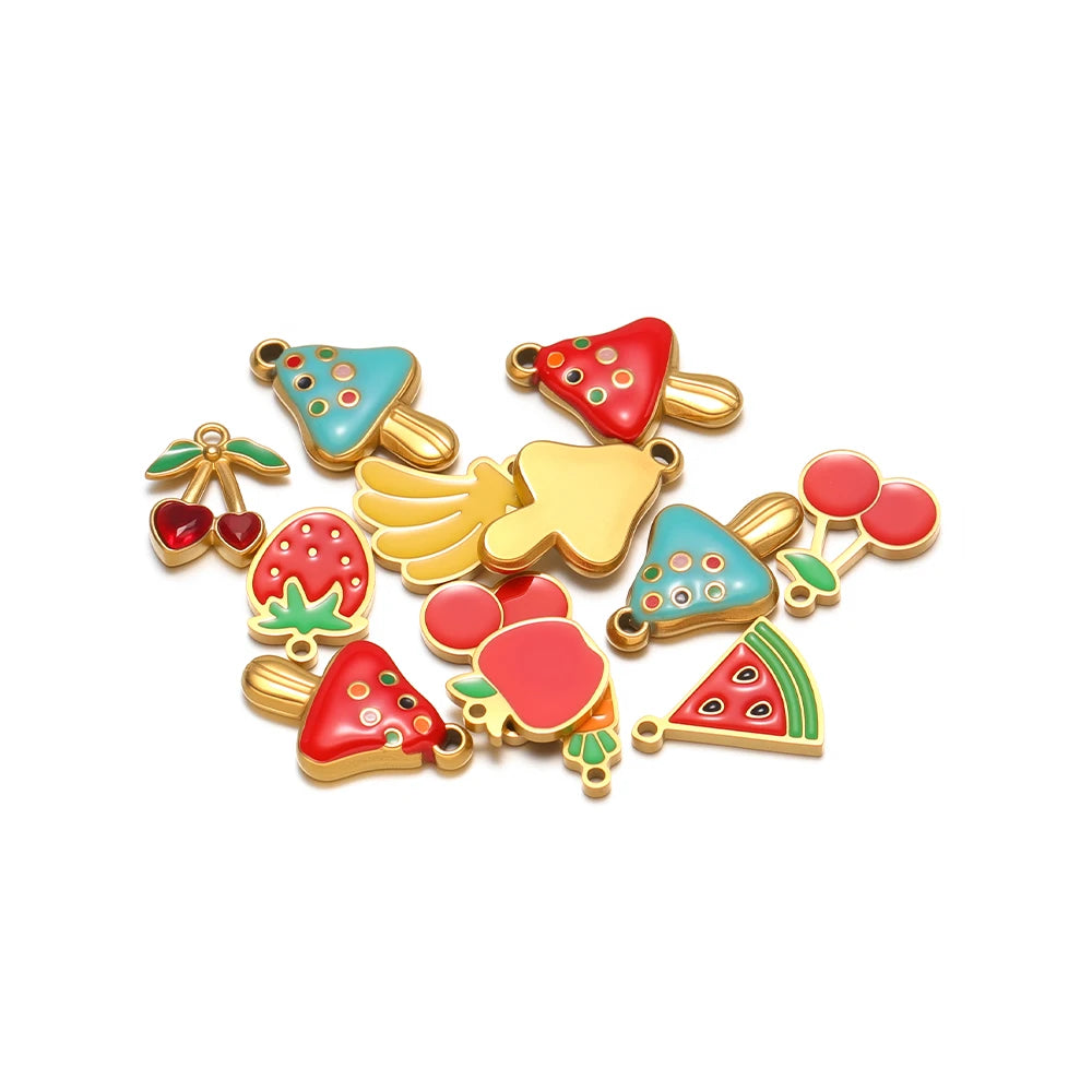 Colorful Fruits Pendant 18k Gold Plated Stainless Steel Strawberry Bananas Cherry Mushroom Charm Pendant for DIY Jewelry Making