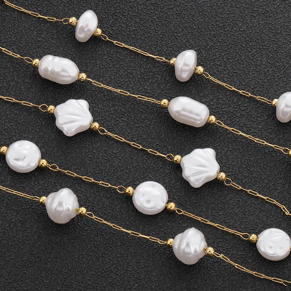 E150 Fashion Pearl Bead Chain 18kgold Plated Link Chain Waterproof Stainless Steel Roller Chains for Jewelry Custom