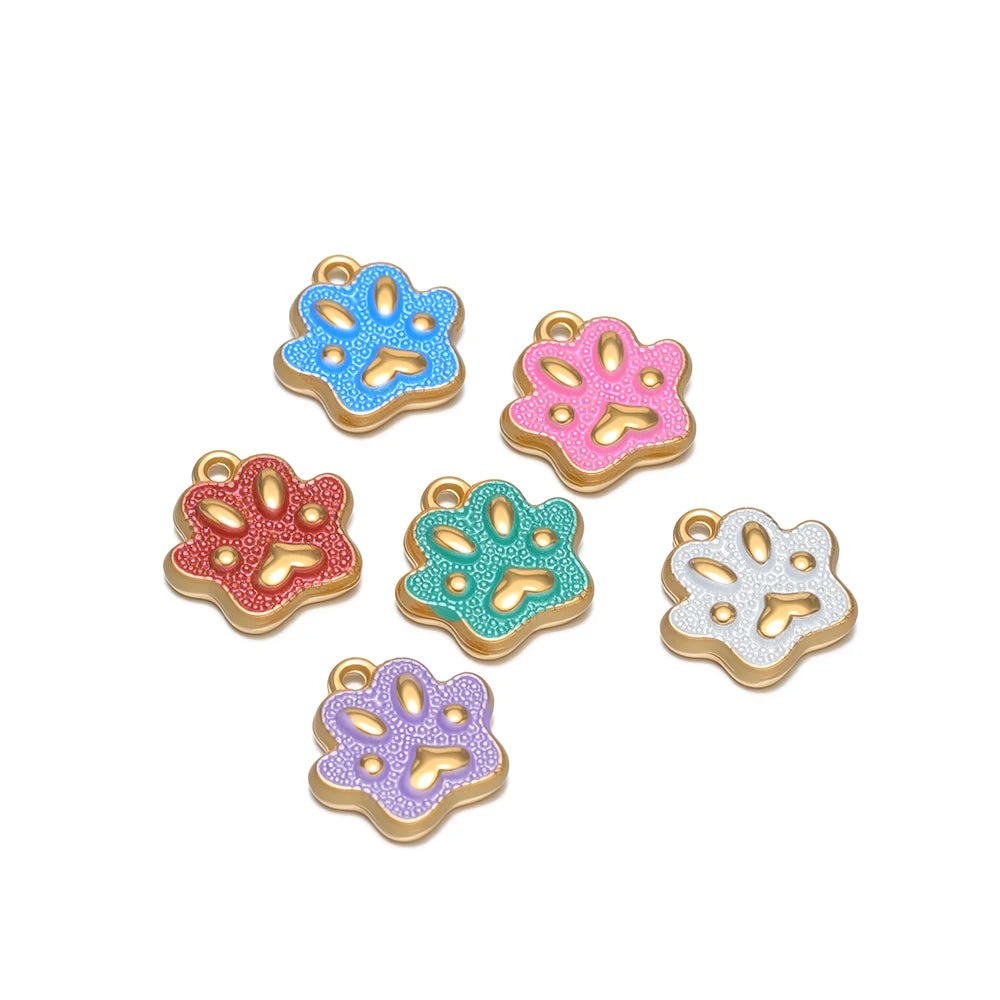 Cute  Pendant 18k Gold Plated Stainless Steel Enamel Paw Print Charm Pendant for DIY Necklace Jewelry Making
