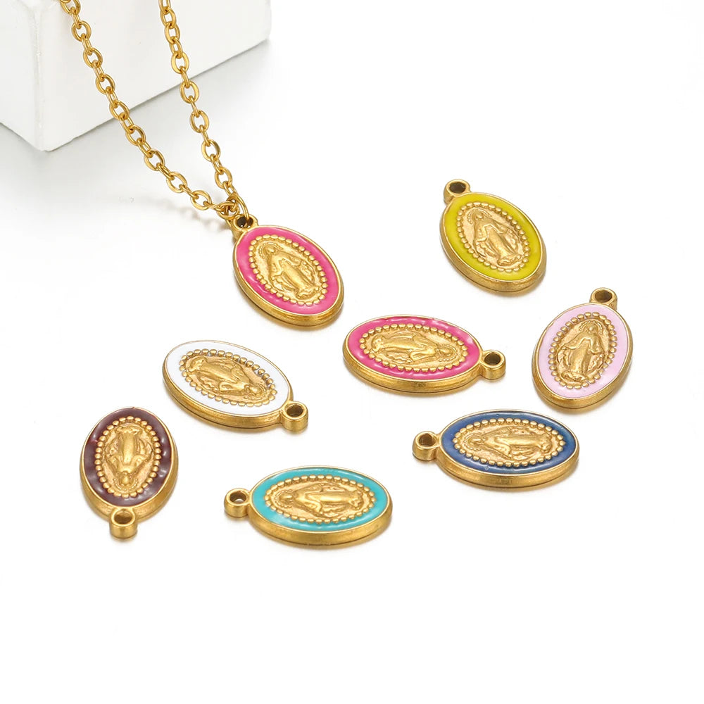 New Design Religious Charm Stainless Steel 18k Gold Plated Oval Enamel Jesus Charm Pendant for Necklace Making Jewelry Findings