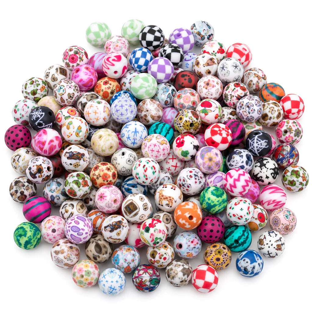 100PCS 15mm Silicone Round Printed Beads 2mm Hole Colorful Pattern Loose Beads for Bracelet Necklace DIY Jewelry Craft Making