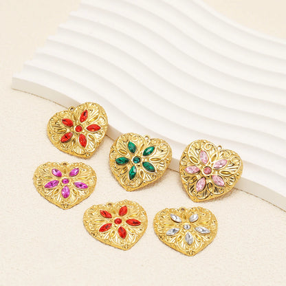 Heart Shaped Charm18k Gold Plated Stainless Steel Five-petaled Flowers Zircon Pendant for DIY Necklace Jewelry Making