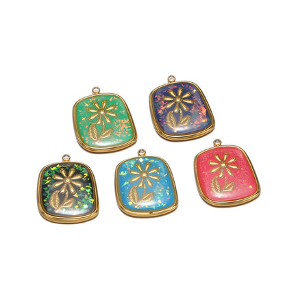 Fashion 18k Gold Plated Stainless Steel Square Enamel Flower Charm Pendant for DIY Necklace & Earring Making Accessories